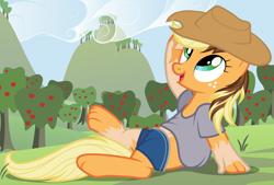 Size: 1108x751 | Tagged: safe, artist:anonymous, imported from ponybooru, applejack, applejack's hat, clothes, cowboy hat, female, freckles, fusing fingers, happy, hat, human to pony, mare, on back, solo, species swap, sweet apple acres, transformation, transgender transformation