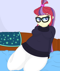 Size: 5737x6800 | Tagged: safe, artist:dtavs.exe, imported from ponybooru, moondancer, equestria girls, bed, chubby, clothes, equestria girls-ified, glasses, implied sunburst, implied sundancer, lip bite, looking at you, robe, show accurate, sunburst's robe