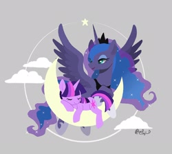 Size: 2048x1833 | Tagged: safe, artist:efuji_d, imported from derpibooru, princess luna, twilight sparkle, alicorn, pony, unicorn, crescent moon, moon, tangible heavenly object