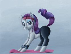 Size: 2200x1676 | Tagged: safe, artist:dellarie, rarity, pony, unicorn, alternate hairstyle, beginner artist, clothes, female, lip bite, mare, pants, raised tail, solo, stretching, sweatband, tail, yoga mat, yoga pants