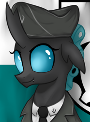Size: 312x420 | Tagged: safe, artist:truffle shine, imported from derpibooru, ocellus, changeling, equestria at war mod, clothes, flag, hat, manehattan, necktie, pre changedling ocellus, solo