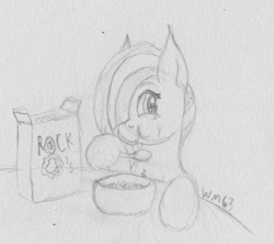 Size: 1604x1424 | Tagged: safe, artist:wapamario63, imported from ponybooru, marble pie, earth pony, pony, bowl, box, cereal, cereal box, cute, eating, female, food, marblebetes, mare, monochrome, puffy cheeks, sketch, solo, spoon, table, traditional art