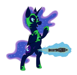 Size: 2137x2073 | Tagged: safe, artist:wapamario63, imported from ponybooru, nightmare moon, alicorn, pony, armor, bipedal, fangs, female, helmet, jewelry, mare, regalia, rocket, simple background, solo, transparent background