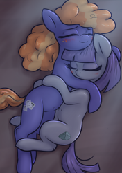 Size: 2110x3000 | Tagged: safe, artist:t72b, imported from derpibooru, frazzle rock, maud pie, earth pony, pony, blushing, cuddling, duo, eyes closed, female, high res, hug, lesbian, lying down, mare, maudrock, missing accessory, on side, shipping, side, sleeping, smiling, snuggling