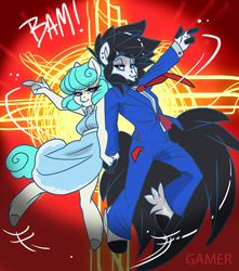 Size: 795x900 | Tagged: safe, artist:thegamercolt, imported from derpibooru, oc, oc:nurse nimble, oc:thegamercolt, anthro, earth pony, pegasus, artic earth pony, blue suit, clothes, dress, epic background, hyper tail, prom, prom night, ready for dance, red neck tie, three fingers