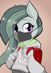 Size: 904x1280 | Tagged: safe, artist:a.s.e, imported from derpibooru, marble pie, earth pony, semi-anthro, backpack, clothes, cute, face mask, female, females only, hoodie, looking at you, marblebetes, mask, solo