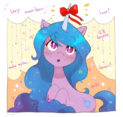 Size: 1704x1622 | Tagged: safe, artist:fuyugi, artist:nendo, imported from derpibooru, izzy moonbow, pony, unicorn, blushing, bow, bracelet, cute, female, g5, horn, horn bow, izzybetes, jewelry, looking at something, mare, open mouth, solo, starry eyes, white pupils, wingding eyes