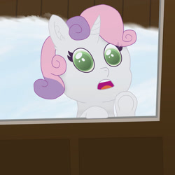 Size: 1280x1280 | Tagged: safe, artist:eminent entropy, imported from derpibooru, sweetie belle, pony, unicorn, background, door, fence, glass, hooves, looking at you, snow, solo