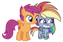 Size: 1788x1208 | Tagged: artist needed, safe, imported from derpibooru, rainbow dash, scootaloo, pegasus, pony, my little pony: pony life, on your marks, spoiler:pony life s02e20, background removed, bean mouth, calarts, chibi, duo, duo female, female, filly, g4.5, grin, little miss fortune, mare, pony life, simple background, smiling, transparent background