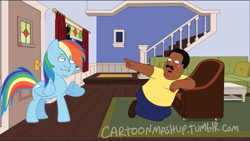 Size: 653x369 | Tagged: safe, artist:cartoonmashup, imported from derpibooru, rainbow dash, cleveland brown, crossover, crying, cursed, face swap, holt richter, kneeling, pointing, scared, the cleveland show