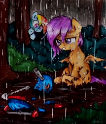 Size: 2115x2455 | Tagged: safe, artist:liaaqila, imported from derpibooru, imported from ponybooru, rainbow dash, scootaloo, pegasus, pony, broken, commission, crying, damaged wings, duo, female, filly, forest, high res, hurting, mare, mud, rain, scared, scootasad, scooter, shrunken pupils, sitting, spread wings, teary eyes, wings