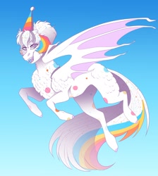 Size: 2000x2235 | Tagged: safe, artist:inisealga, imported from derpibooru, oc, oc only, oc:confetti cupcake, bat pony, bat pony oc, bat wings, birthday, hat, high res, multicolored mane, party hat, wings