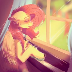 Size: 2048x2048 | Tagged: safe, artist:yumkandie, imported from derpibooru, fluttershy, pegasus, pony, cute, daaaaaaaaaaaw, female, fluffy, high res, musical instrument, piano, shyabetes, singing, sketch, solo, window