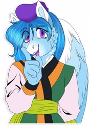 Size: 1898x2702 | Tagged: safe, artist:inisealga, imported from derpibooru, oc, oc only, anthro, pegasus, clothes, commission, cosplay, costume, female, furry, mare, pegasus oc, simple background, solo, sticker, tenchi muyo, transparent background, white background, wings