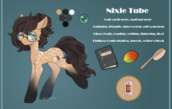 Size: 3150x2000 | Tagged: safe, imported from derpibooru, oc, oc only, oc:nixie tube, bat pony, earth pony, hybrid, pony, :3, binder, brush, coat markings, dappled, female, food, glasses, hairbrush, high res, mango, reference sheet, socks (coat markings), solo, text