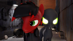 Size: 3840x2160 | Tagged: safe, artist:fireemerald123, imported from derpibooru, oc, oc only, oc:page feather, oc:the voice, oc:voice, pegasus, pony, 3d, alley, alleyway, glowing eyes, graffiti, high res, looking sideways, source filmmaker, void entity, void punk, voidpunk, watermark