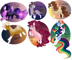 Size: 1280x1062 | Tagged: safe, artist:inisealga, imported from derpibooru, applejack, fluttershy, pinkie pie, rainbow dash, rarity, twilight sparkle, alicorn, pegasus, unicorn, chibi, ethereal mane, galaxy mane, markings, redesign, simple background, transparent background, twilight sparkle (alicorn)