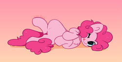 Size: 5023x2557 | Tagged: safe, artist:kittyrosie, imported from derpibooru, pinkie pie, earth pony, pony, ;p, blushing, chest fluff, cute, diapinkes, female, looking at you, lying, mare, one eye closed, simple background, smiling, smiling at you, solo, tongue out, wink, winking at you