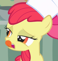 Size: 741x779 | Tagged: safe, imported from derpibooru, screencap, apple bloom, earth pony, pony, call of the cutie, season 1, chef's hat, cropped, female, filly, hat, licking, licking lips, solo, tongue out