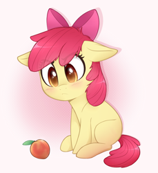 Size: 1560x1700 | Tagged: safe, artist:higgly-chan, edit, imported from derpibooru, apple bloom, earth pony, pony, adorabloom, blank flank, blushing, cute, female, filly, floppy ears, food, peach, sitting, solo