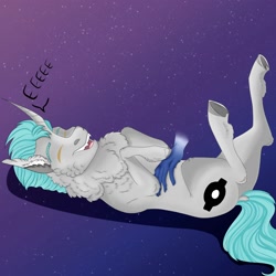 Size: 2000x2000 | Tagged: safe, artist:inisealga, imported from derpibooru, oc, oc only, oc:lunar signal, bat pony, hybrid, unicorn, bat pony oc, bat wings, bellyrubs, commission, disembodied hand, hand, high res, horn, hybrid oc, lying down, male, stallion, unicorn oc, wings