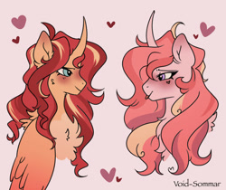 Size: 1280x1073 | Tagged: safe, artist:void-sommar, imported from derpibooru, princess cadance, sunset shimmer, alicorn, pony, equestria girls, :p, alicornified, blushing, bust, chest fluff, description at source, female, floating heart, heart, lesbian, mare, pink background, race swap, redesign, shimmercorn, shipping, simple background, sunsetdance, tongue out, wavy mane