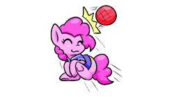 Size: 600x335 | Tagged: safe, artist:zutcha, imported from derpibooru, pinkie pie, earth pony, pony, :3, ball, buckball, clothes, cute, diapinkes, eyes closed, female, mare, simple background, smiling, solo, underhoof, white background