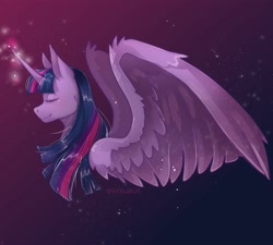 Size: 3000x2700 | Tagged: safe, artist:synubus, imported from derpibooru, twilight sparkle, alicorn, pony, cute, eyes closed, female, glowing horn, gradient background, high res, horn, large wings, mare, profile, solo, twiabetes, twilight sparkle (alicorn), wing fluff, wings