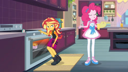 Size: 3410x1920 | Tagged: safe, imported from derpibooru, screencap, pinkie pie, sunset shimmer, equestria girls, equestria girls series, holidays unwrapped, spoiler:eqg series (season 2), apron, clothes, cutie mark, cutie mark on clothes, eyes closed, female, food, geode of empathy, jacket, jewelry, leather, leather jacket, magical geodes, necklace, open mouth, saving pinkie's pie, souffle, tanktop