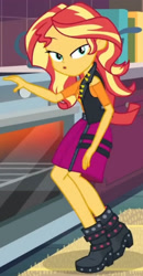 Size: 1920x3690 | Tagged: safe, imported from derpibooru, screencap, sunset shimmer, equestria girls, equestria girls series, holidays unwrapped, spoiler:eqg series (season 2), clothes, cropped, cutie mark, cutie mark on clothes, female, geode of empathy, jacket, jewelry, leather, leather jacket, magical geodes, necklace, open mouth, saving pinkie's pie, solo