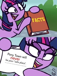 Size: 768x1026 | Tagged: safe, artist:quarium edits, edit, imported from derpibooru, imported from twibooru, twilight sparkle, alicorn, pony, pony town, book, caption, exploitable meme, female, image macro, meme, op is a duck, op is trying to start shit, op is trying to start shit so badly that it's kinda funny, smiling, solo, text, twilight sparkle (alicorn), twilight's fact book, white people