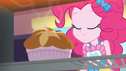 Size: 3410x1920 | Tagged: safe, imported from derpibooru, screencap, pinkie pie, equestria girls, equestria girls series, holidays unwrapped, spoiler:eqg series (season 2), apron, clothes, eyes closed, female, food, ramekin, saving pinkie's pie, smiling, solo, souffle, tanktop