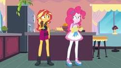 Size: 3410x1920 | Tagged: safe, imported from derpibooru, screencap, pinkie pie, sunset shimmer, equestria girls, equestria girls series, holidays unwrapped, spoiler:eqg series (season 2), apron, clothes, cutie mark, cutie mark on clothes, female, food, geode of empathy, jacket, jewelry, leather, leather jacket, lip bite, magical geodes, necklace, oven mitts, saving pinkie's pie, souffle, tanktop