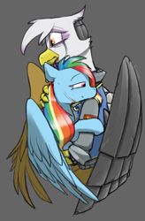 Size: 1023x1558 | Tagged: safe, artist:sinrar, imported from derpibooru, gilda, rainbow dash, griffon, pegasus, pony, amputee, artificial wings, augmented, clothes, crying, cyberpunk, gray background, hug, jacket, prosthetic limb, prosthetic wing, prosthetics, simple background, tears of joy, wings