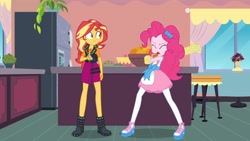 Size: 3410x1920 | Tagged: safe, imported from derpibooru, screencap, pinkie pie, sunset shimmer, equestria girls, equestria girls series, holidays unwrapped, spoiler:eqg series (season 2), apron, clothes, cutie mark, cutie mark on clothes, eyes closed, female, food, geode of empathy, jacket, jewelry, leather, leather jacket, magical geodes, necklace, open mouth, saving pinkie's pie, souffle, tanktop