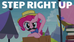 Size: 1280x720 | Tagged: safe, edit, edited screencap, editor:quoterific, imported from derpibooru, screencap, pinkie pie, earth pony, pony, season 4, trade ya, facial hair, female, hat, mare, moustache, smiling, solo