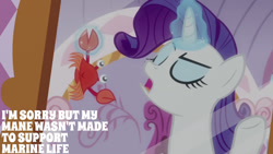 Size: 1280x720 | Tagged: safe, edit, edited screencap, editor:quoterific, imported from derpibooru, screencap, rarity, crab, pony, unicorn, ppov, season 6, carousel boutique, eyes closed, female, magic, mare, mirror, open mouth, telekinesis