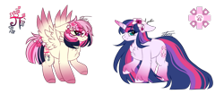 Size: 1411x594 | Tagged: safe, artist:inspiredpixels, imported from derpibooru, oc, oc only, pegasus, pony, unicorn, female, floppy ears, mare, signature, simple background, spread wings, transparent background, wings