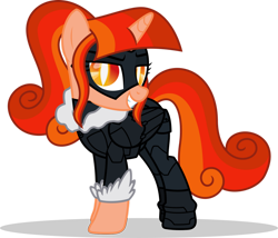 Size: 1280x1095 | Tagged: safe, artist:mlp-trailgrazer, imported from derpibooru, oc, oc only, oc:starry flame, alicorn, pony, black cat, catsuit, clothes, cosplay, costume, female, grin, mare, simple background, smiling, solo, transparent background