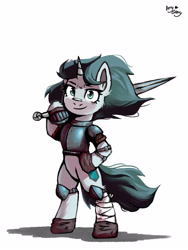 Size: 3000x4000 | Tagged: safe, artist:ami-gami, artist:amy-gamy, imported from derpibooru, oc, oc only, oc:aquaria lance, pony, unicorn, armor, bandage, bandaged leg, bipedal, bracer, gauntlet, knight, looking at you, pauldron, simple background, solo, sword, weapon, white background