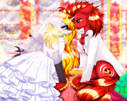 Size: 4000x3179 | Tagged: safe, artist:krissstudios, imported from derpibooru, oc, oc only, pony, unicorn, clothes, dress, female, male, mare, stallion, suit, wedding dress