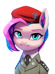 Size: 2976x4000 | Tagged: source needed, safe, artist:mrscroup, imported from derpibooru, oc, oc only, oc:vapourwave, pegasus, pony, beret, clothes, hat, looking at you, smiling, solo, uniform