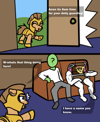 Size: 774x943 | Tagged: safe, artist:neuro, imported from derpibooru, imported from ponybooru, oc, oc only, oc:anon, oc:small fortune, earth pony, human, mimic, pony, 2 panel comic, armor, arms, blue eyes, buff, chest, comic, dialogue, ears, earth pony oc, female, floppy ears, guardsmare, helmet, hoof shoes, legs, mare, muscles, open mouth, pointing, ponybooru import, royal guard, shrunken pupils