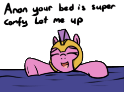 Size: 671x498 | Tagged: safe, artist:neuro, imported from derpibooru, imported from ponybooru, oc, oc only, earth pony, pony, animated, armor, bed, cute, dialogue, eyes closed, female, gif, guardsmare, helmet, mare, open mouth, ponybooru import, royal guard, simple background, solo, transparent background, underhoof