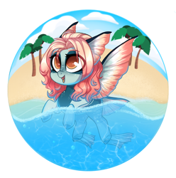 Size: 1280x1291 | Tagged: safe, artist:cloud-fly, imported from derpibooru, oc, oc only, oc:frilly, pony, beach, chibi, female, freckles, partially submerged, smiling, solo, swimming, underwater, water