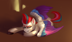 Size: 2470x1430 | Tagged: safe, artist:jewellier, imported from derpibooru, zipp storm, pegasus, pony, female, folded wings, g5, lying down, mare, morning, morning ponies, simple background, sleepy, solo, sunlight, unamused, wings, zipp storm is not amused