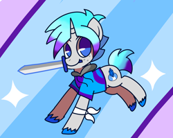 Size: 4900x3900 | Tagged: safe, artist:mythril azure, imported from derpibooru, oc, oc only, oc:mythril azure, pony, unicorn, clothes, cloven hooves, colt, hoodie, male, solo, sword, weapon