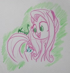 Size: 2514x2627 | Tagged: safe, artist:c.a.m.e.l.l.i.a, imported from derpibooru, fluttershy, cute, green background, high res, looking back, simple background, traditional art