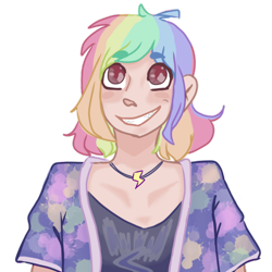 Size: 1000x1000 | Tagged: safe, artist:sunnflowerr06, imported from derpibooru, rainbow dash, human, alternate hairstyle, clothes, female, grin, humanized, jewelry, necklace, shirt, simple background, smiling, solo, transparent background