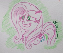 Size: 3157x2654 | Tagged: safe, artist:c.a.m.e.l.l.i.a, imported from derpibooru, fluttershy, green background, high res, scared, simple background, smiling, traditional art